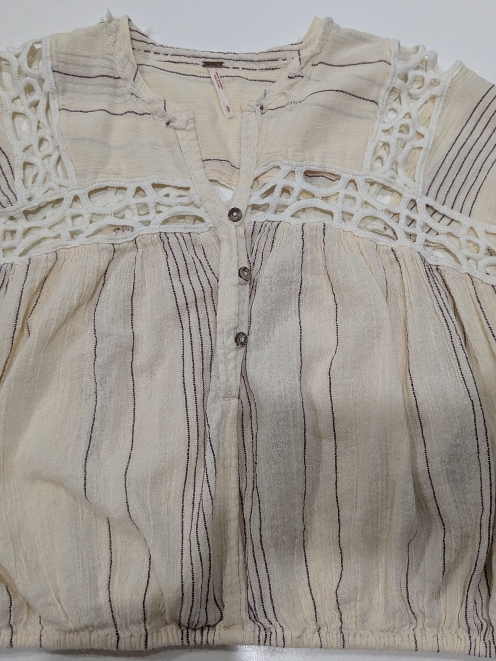 Free People cream/ivory striped cotton gauze crop top with crochet lace yoke, si